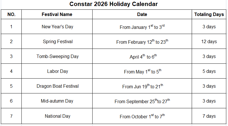 Constar 2026 Holiday Calendar
